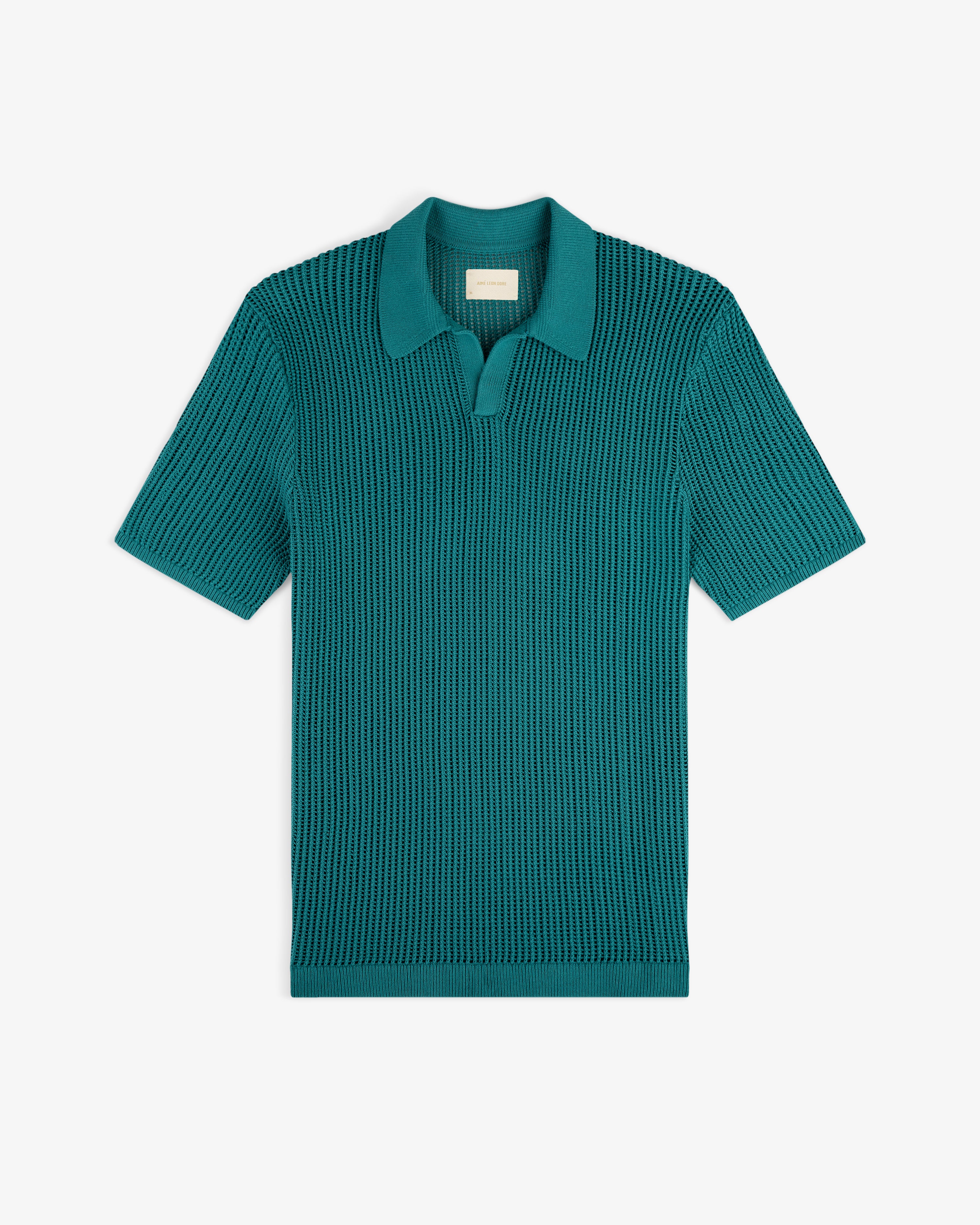 Mesh Knit Polo in teal with short sleeves, textured pattern, collar, and open placket on a white background.