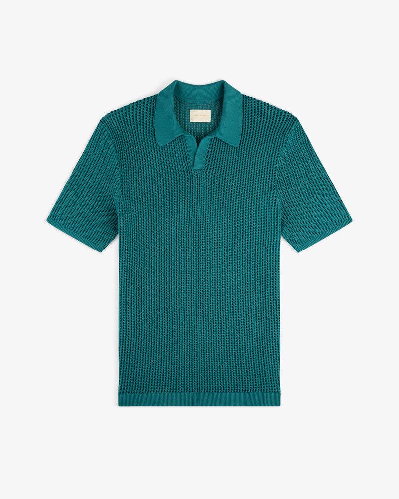 Mesh Knit Polo in teal with short sleeves, textured pattern, collar, and open placket on a white background.