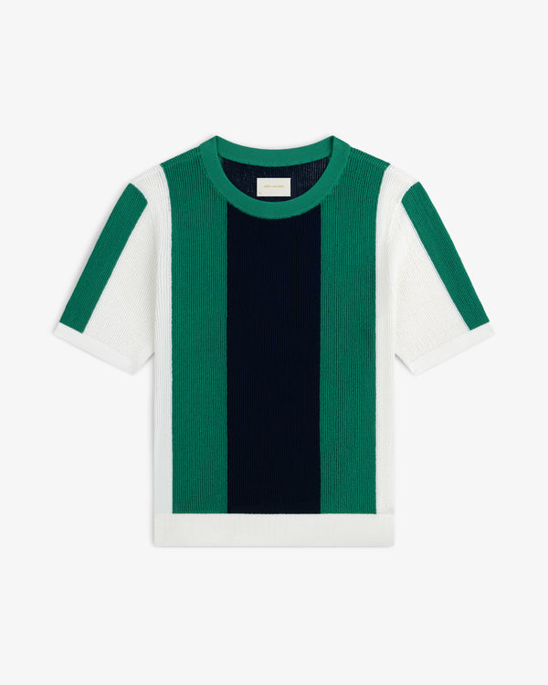 Striped Mesh Knit Tee with green, navy, and white vertical stripes laid flat on a white background.