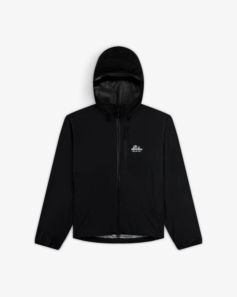 Lightweight GORE-TEX Shell Jacket in black with front zipper, zippered pockets, and a small white logo on left chest.