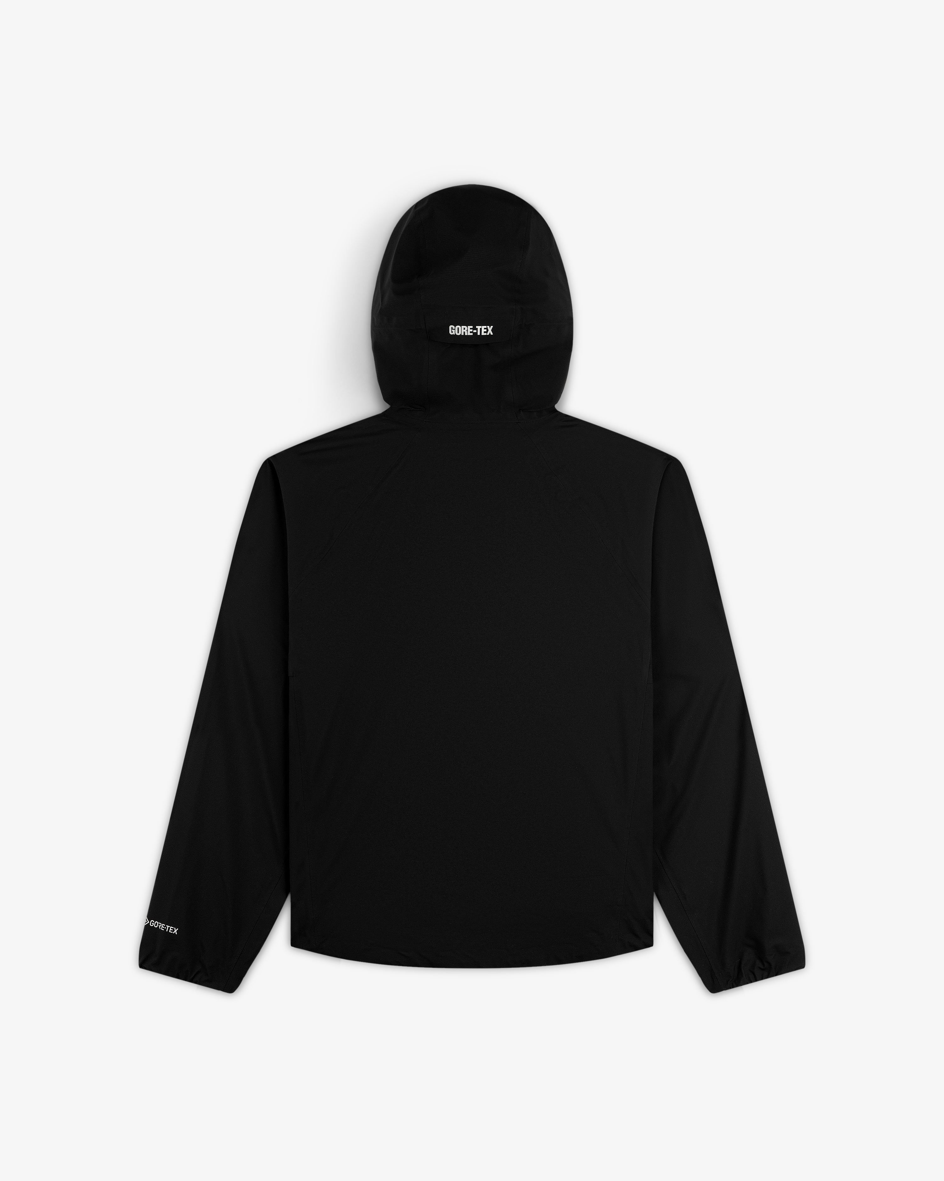 Lightweight GORE-TEX Shell Jacket, black, back view; hood and sleeve feature GORE-TEX text; plain design, long sleeves.