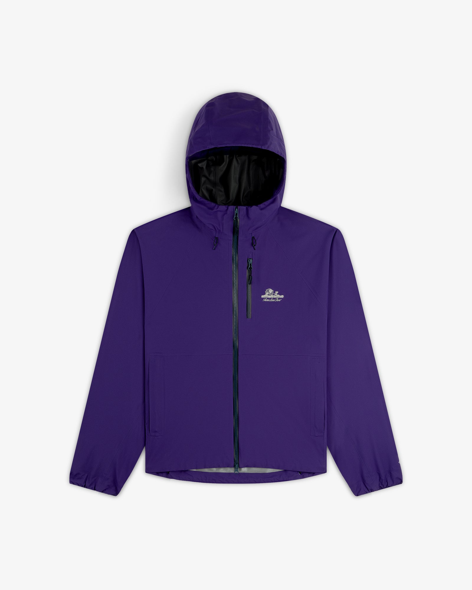 Lightweight GORE-TEX Shell Jacket in purple with hood, front zipper, side pockets, elastic cuffs, and chest logo.