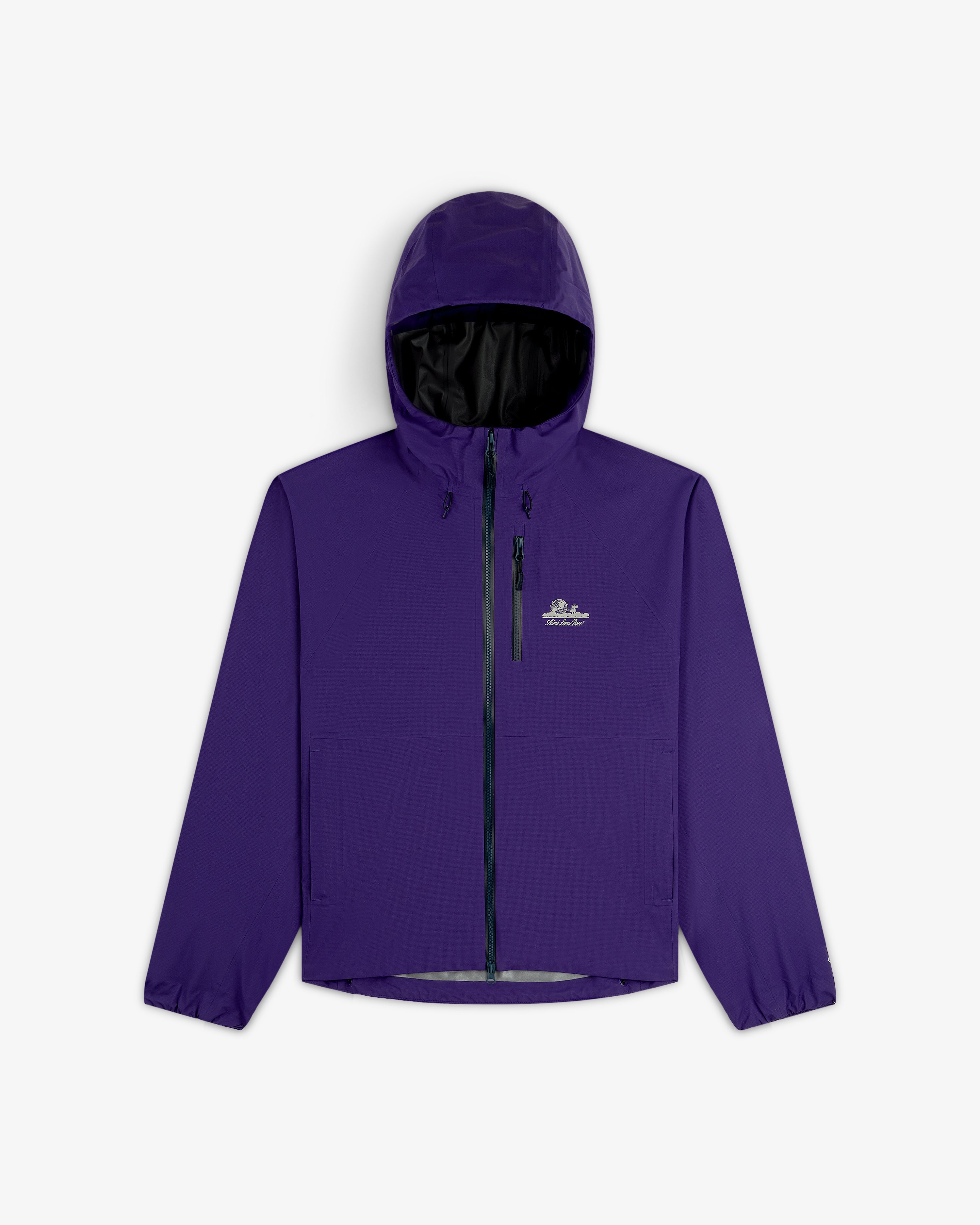 Lightweight GORE-TEX Shell Jacket in purple with hood, front zipper, side pockets, elastic cuffs, and chest logo.
