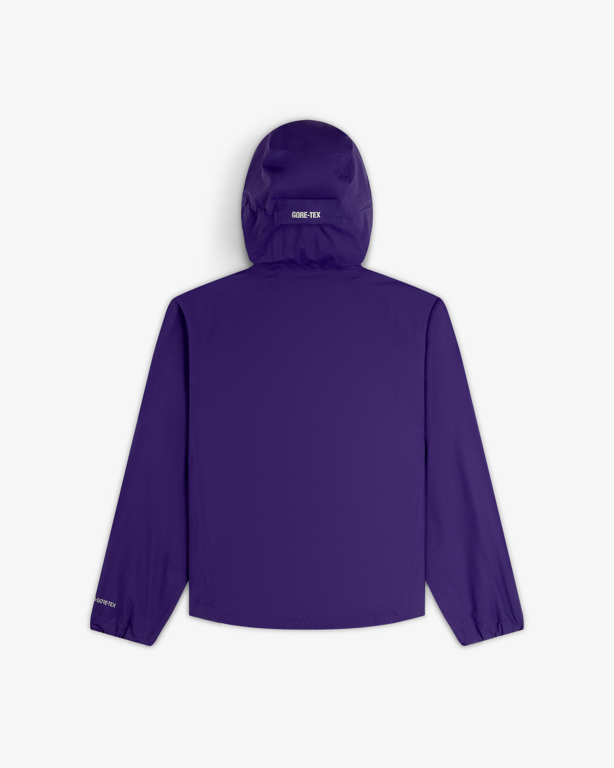 A back view of the Lightweight GORE-TEX Shell Jacket in purple, with GORE-TEX on the hood and left sleeve.