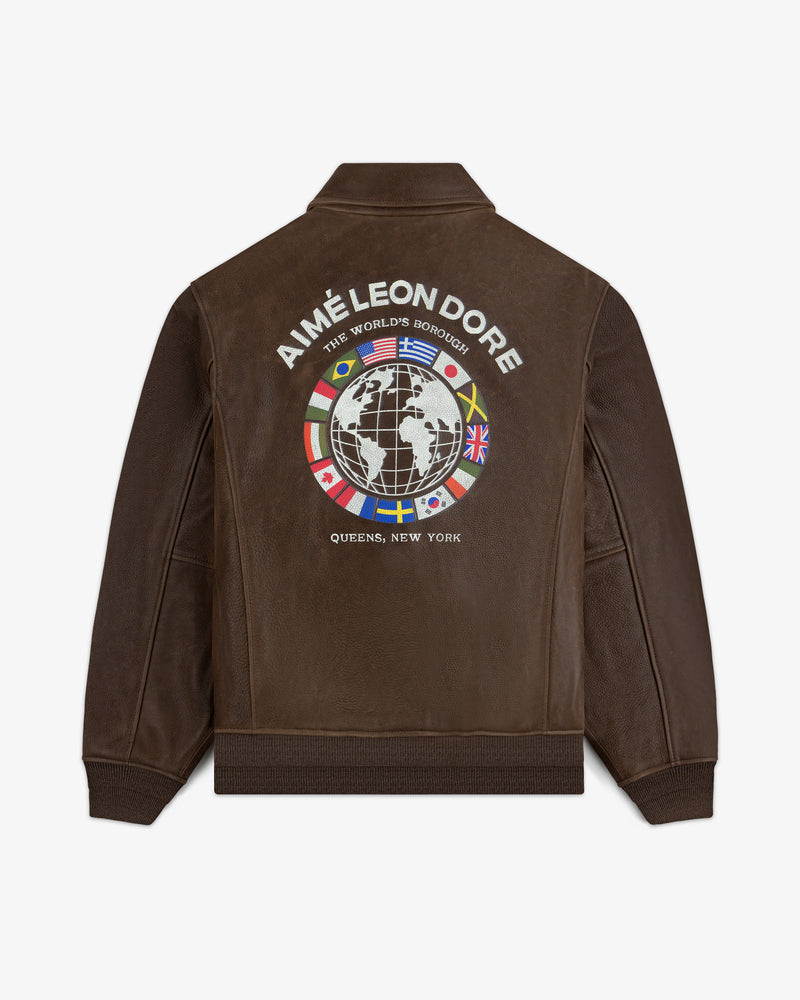 World's Borough Leather Flight Jacket: brown leather with globe, flags, and AIMÉ LEON DORE QUEENS, NEW YORK graphic.
