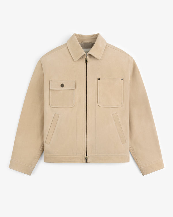 Leather Ranch Jacket in beige suede with zipper front, two chest pockets, and two side pockets, laid flat on white.