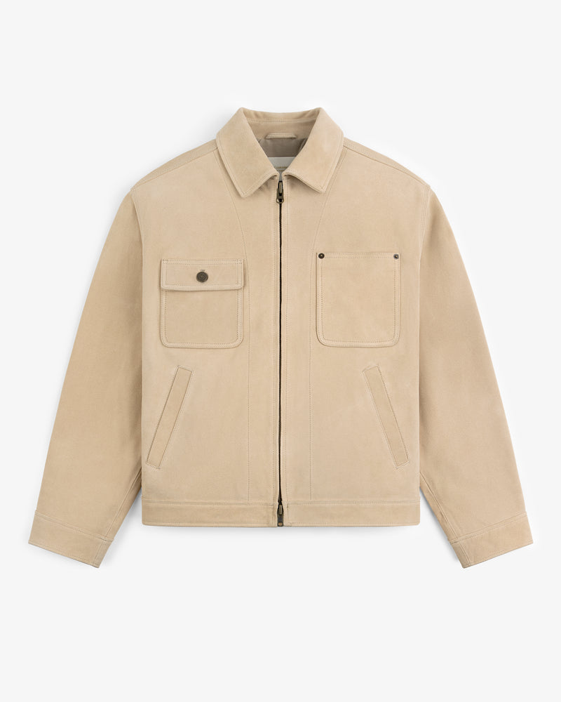 Leather Ranch Jacket in beige suede with zipper front, two chest pockets, and two side pockets, laid flat on white.
