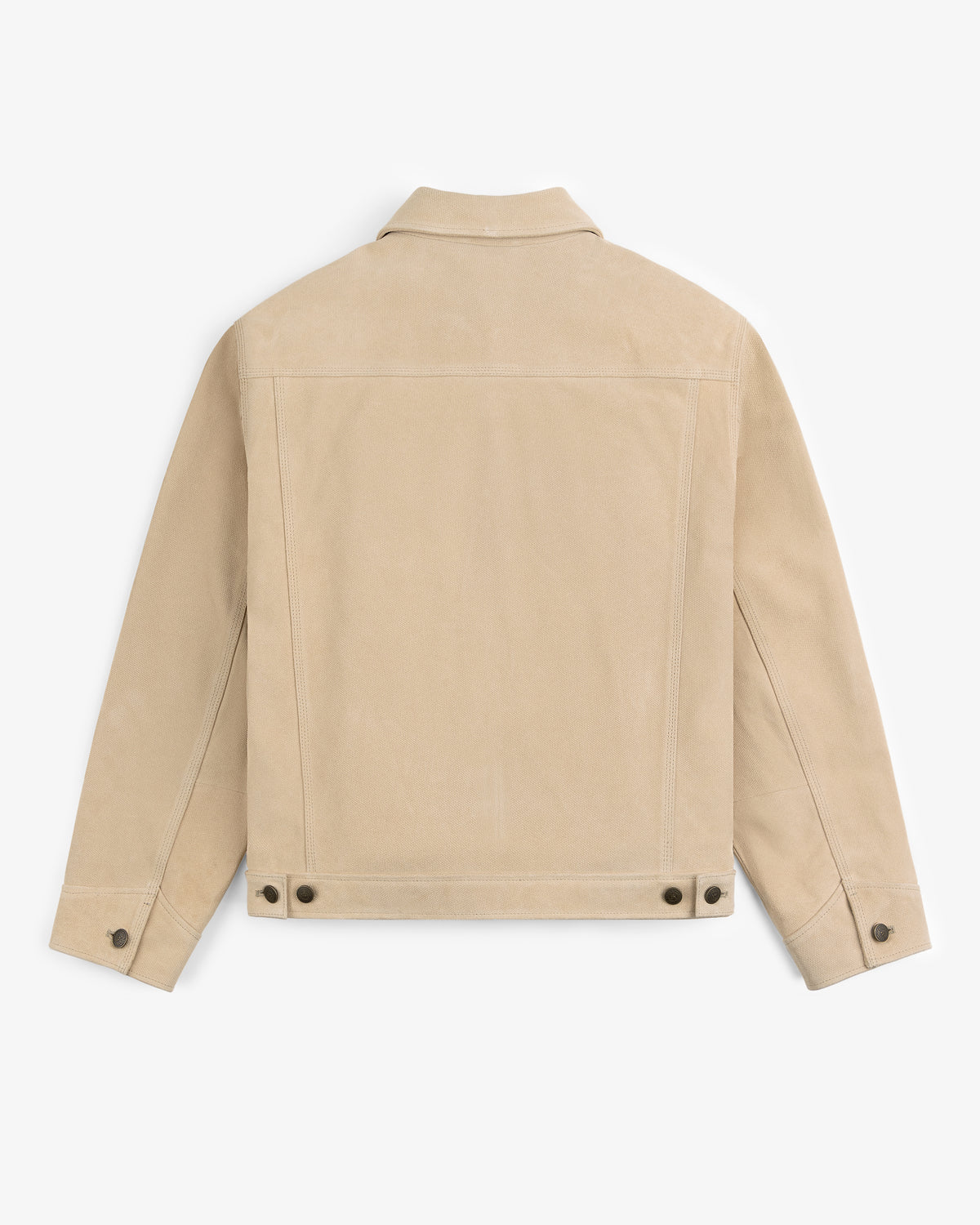Leather Ranch Jacket in beige suede, shown from the back with buttoned cuffs and adjustable waist buttons.