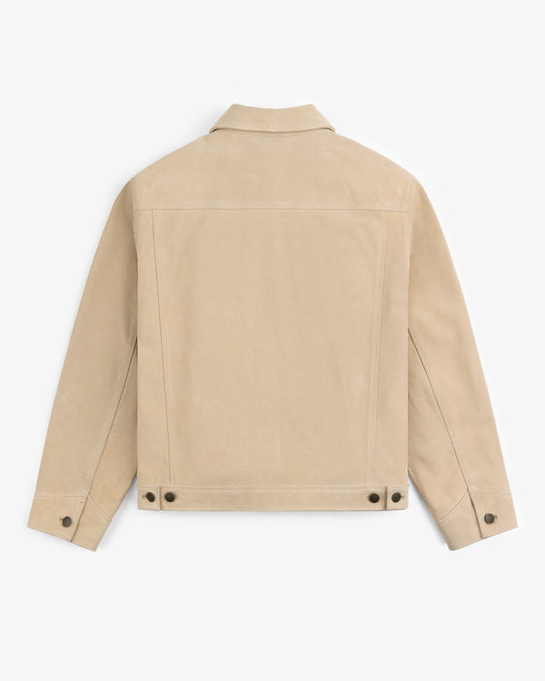Leather Ranch Jacket in beige suede, shown from the back with buttoned cuffs and adjustable waist buttons.