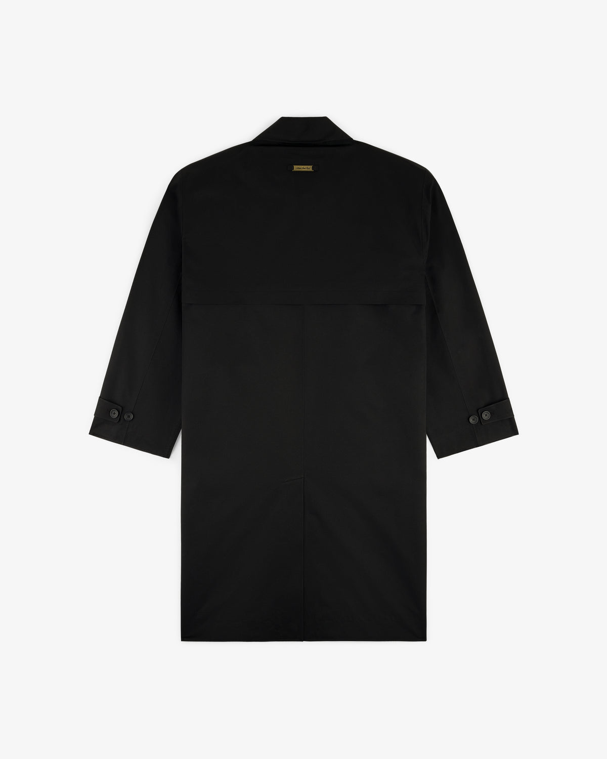 GORE-TEX Balmacaan Coat in black, long-sleeve, shown from the back with vent and buttoned cuffs on white background.