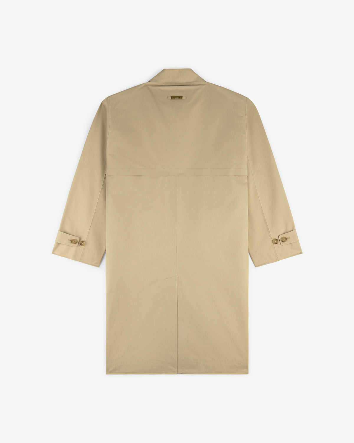 Back view of the GORE-TEX Balmacaan Coat in beige with buttoned cuffs and a single vent at the hem.