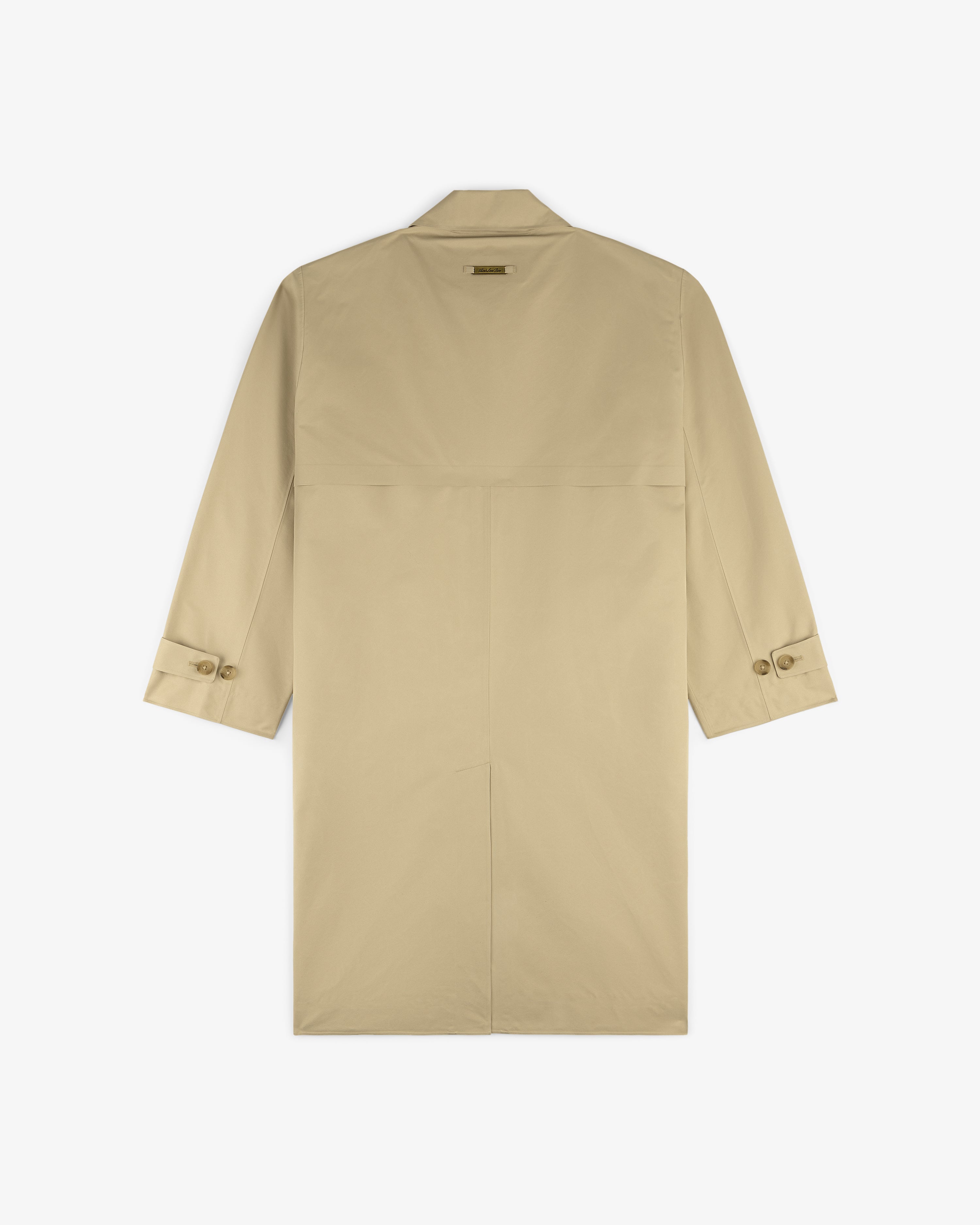 Back view of the GORE-TEX Balmacaan Coat in beige with buttoned cuffs and a single vent at the hem.