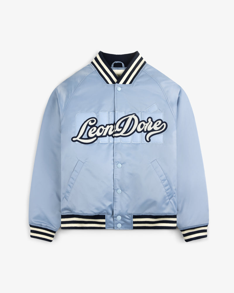 Overlay Logo Satin Varsity Jacket in light blue with black and white striped cuffs and front embroidery.