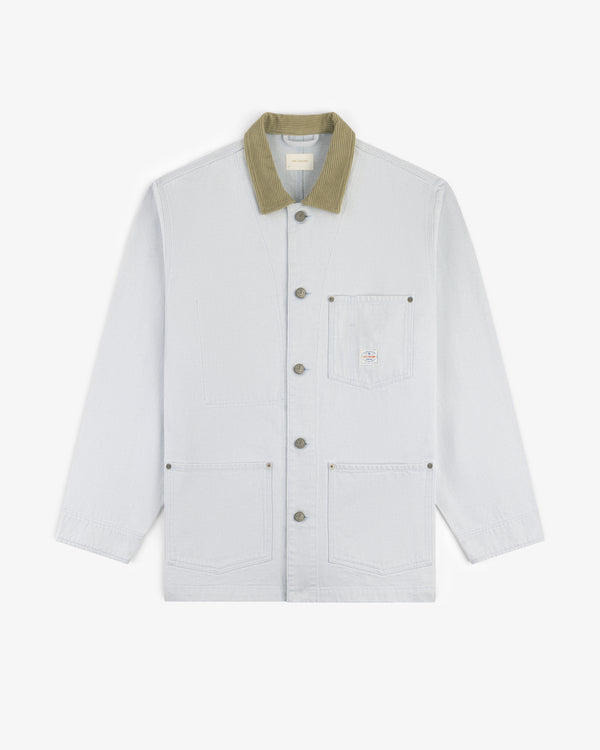 Denim Barn Jacket in light gray with large front pockets and an olive green corduroy collar on a white background.