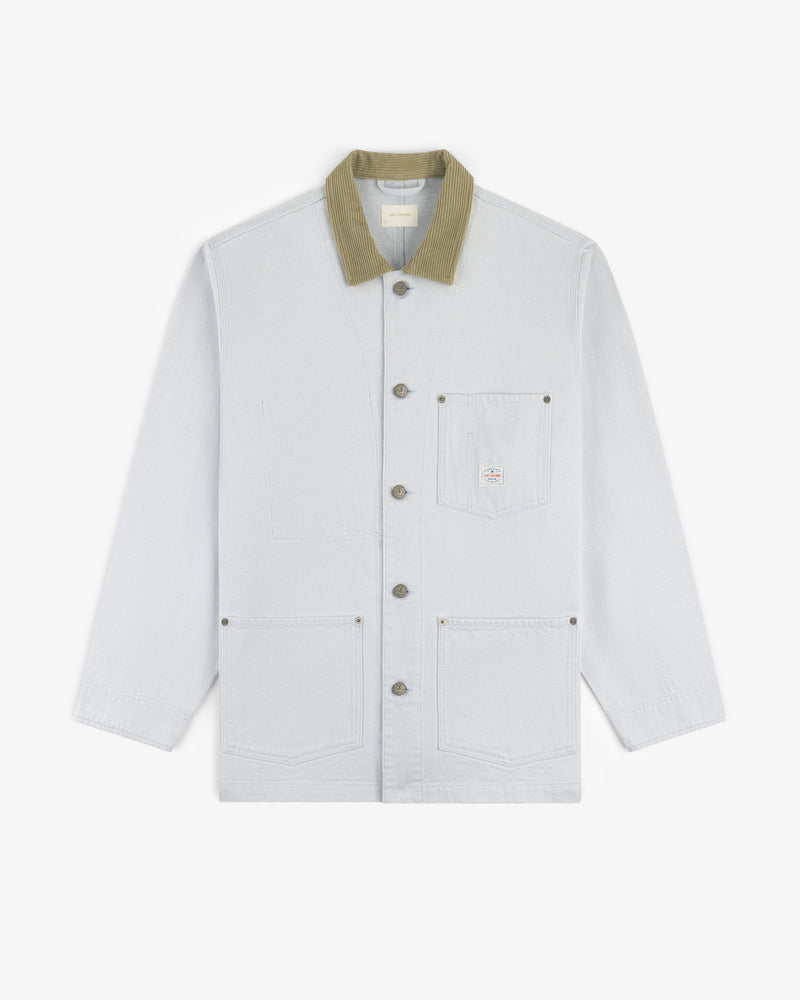 Denim Barn Jacket in light gray with large front pockets and an olive green corduroy collar on a white background.
