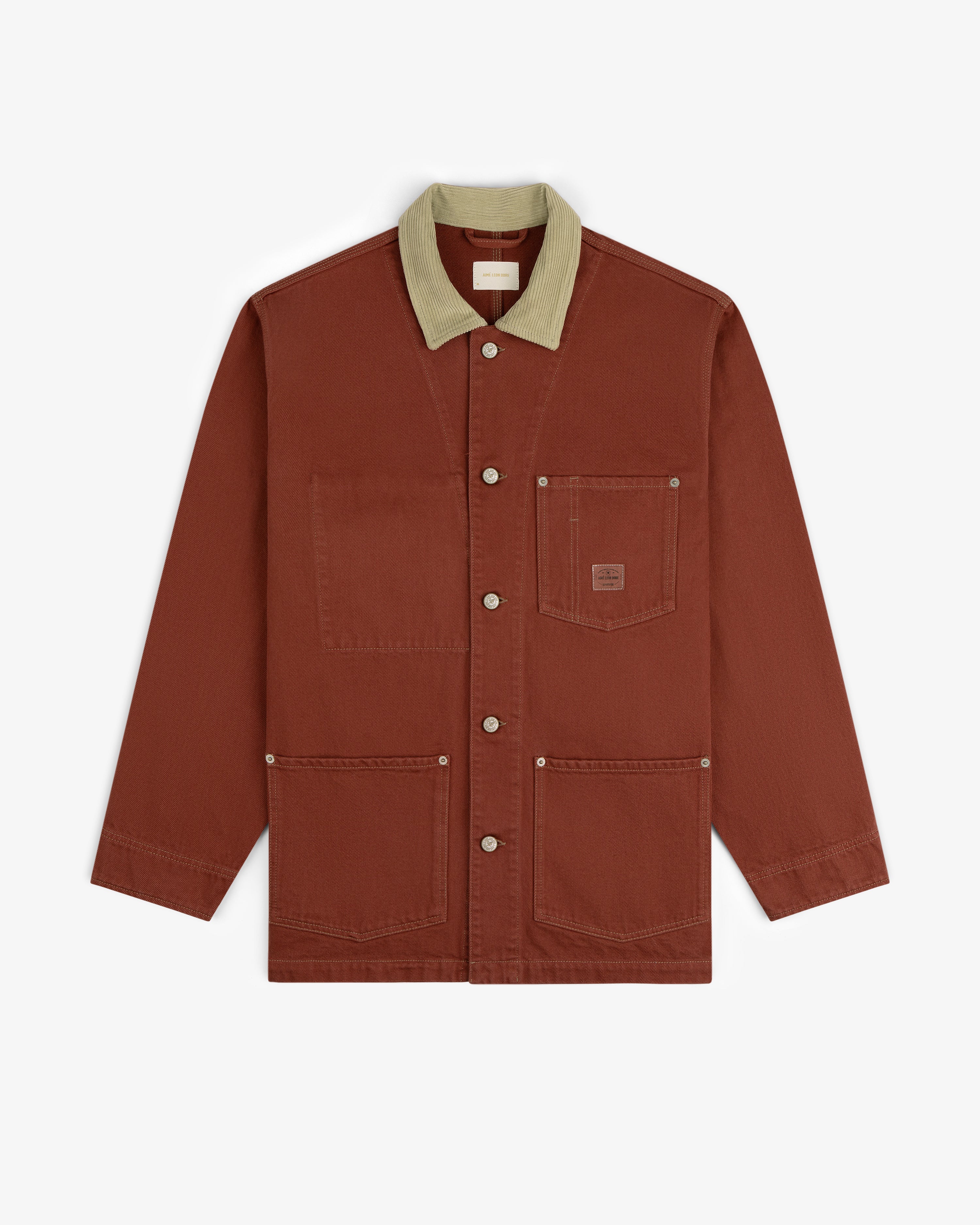Denim Barn Jacket in rust with beige corduroy collar, button front, and four pockets, shown on white background.