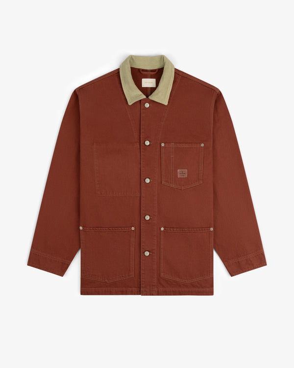Denim Barn Jacket in rust with beige corduroy collar, button front, and four pockets, shown on white background.