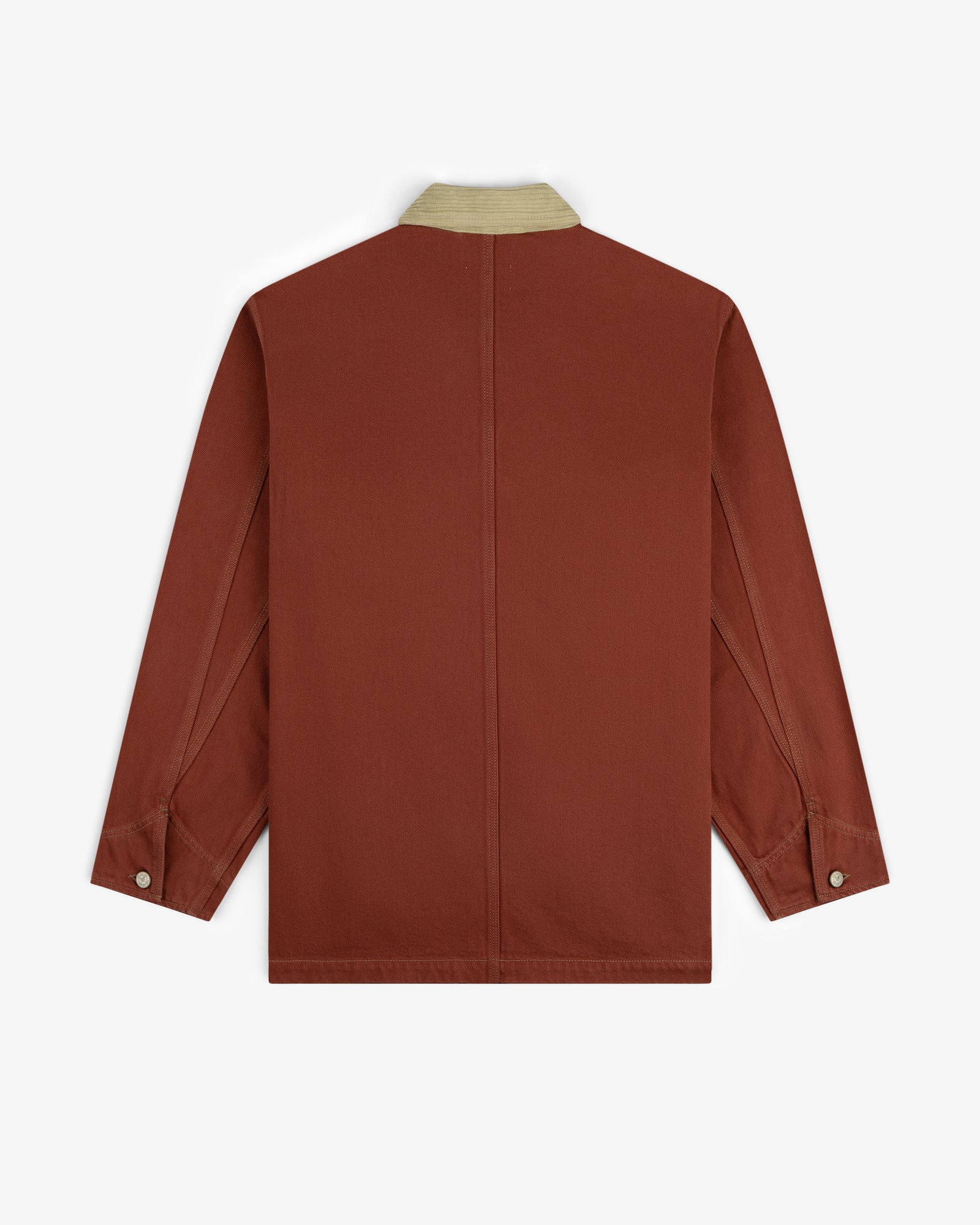 Back view of the Denim Barn Jacket in rust with a beige collar and buttoned cuffs, laid flat on a white background.