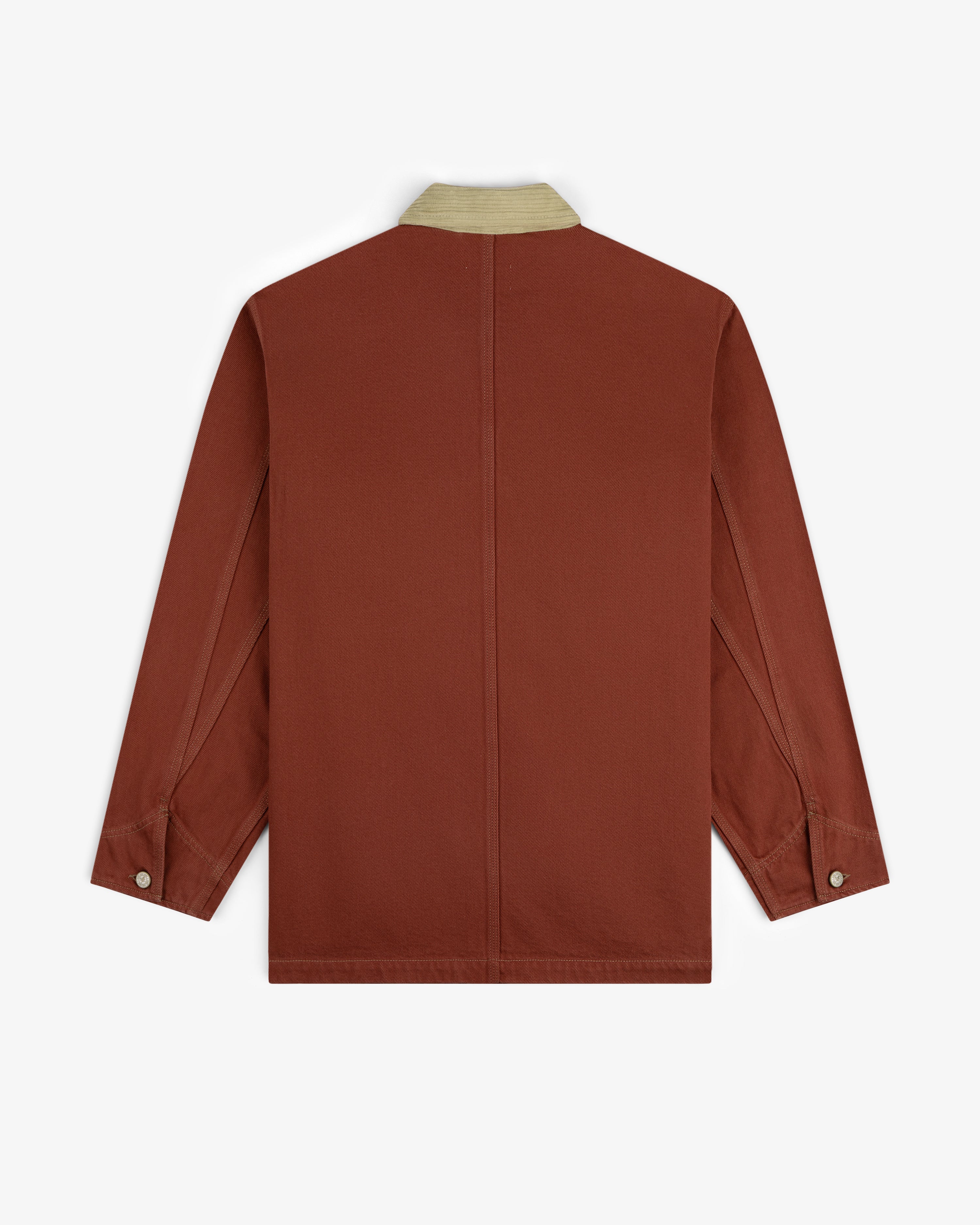Back view of the Denim Barn Jacket in rust with a beige collar and buttoned cuffs, laid flat on a white background.