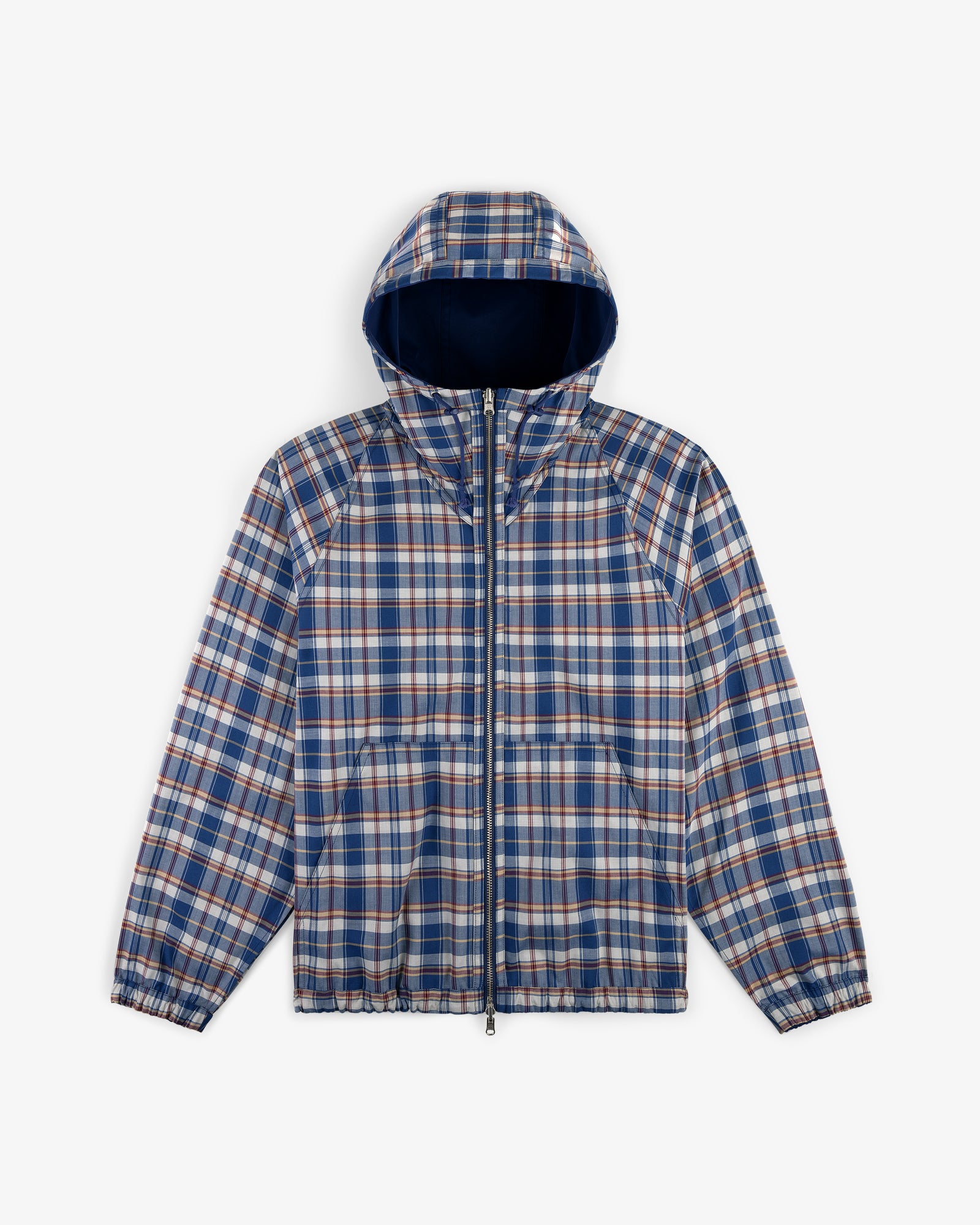 Reversible Madras Windbreaker with blue, white, and red plaid, front zipper, and elastic cuffs on a white background.