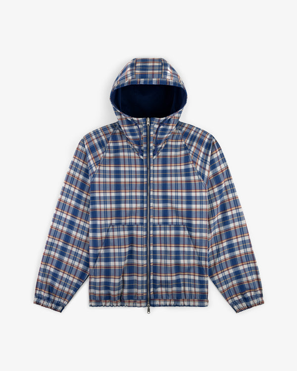 Reversible Madras Windbreaker with blue, white, and red plaid, front zipper, and elastic cuffs on a white background.