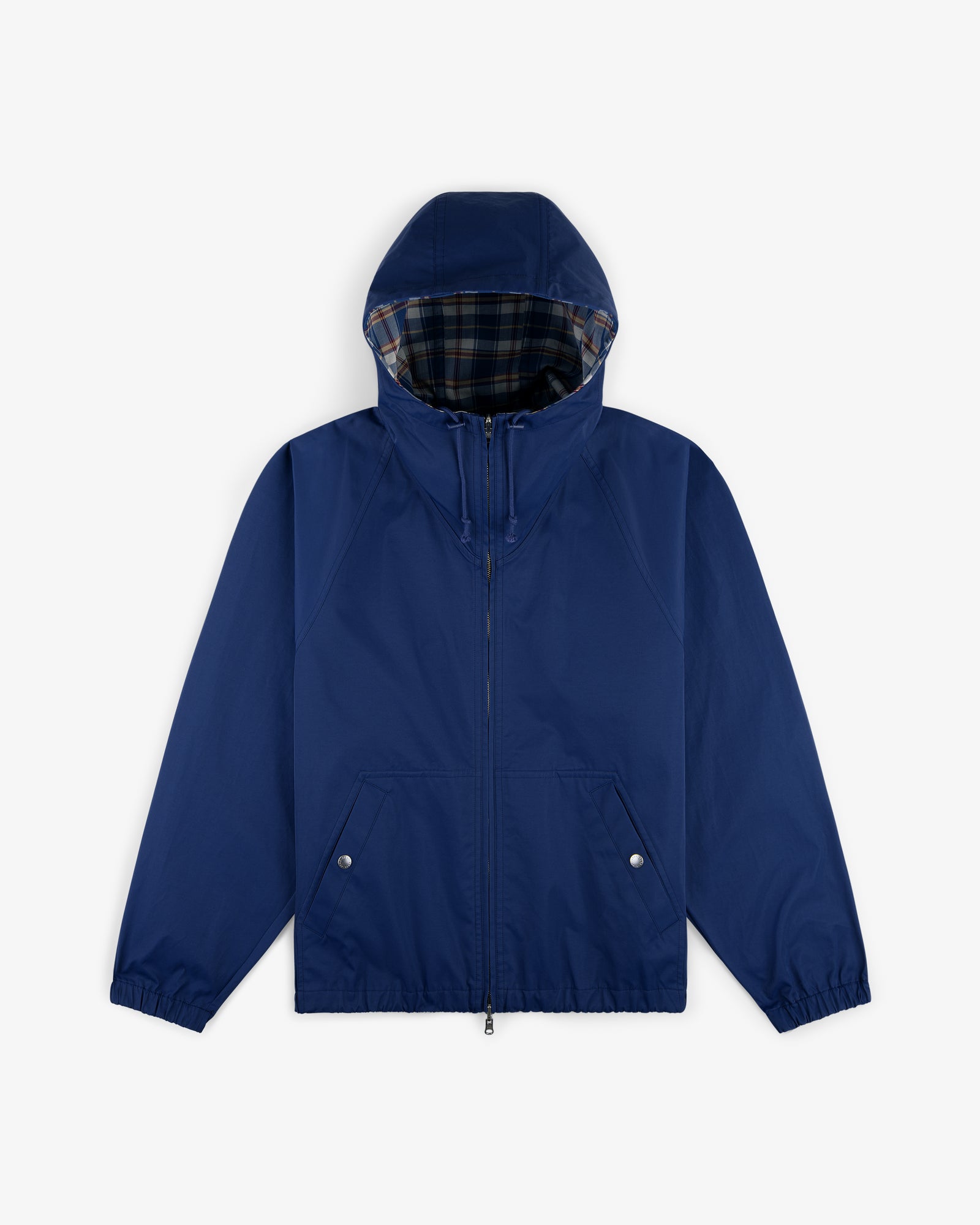 Reversible Madras Windbreaker with front zipper, elastic cuffs, and plaid lining on a white background.