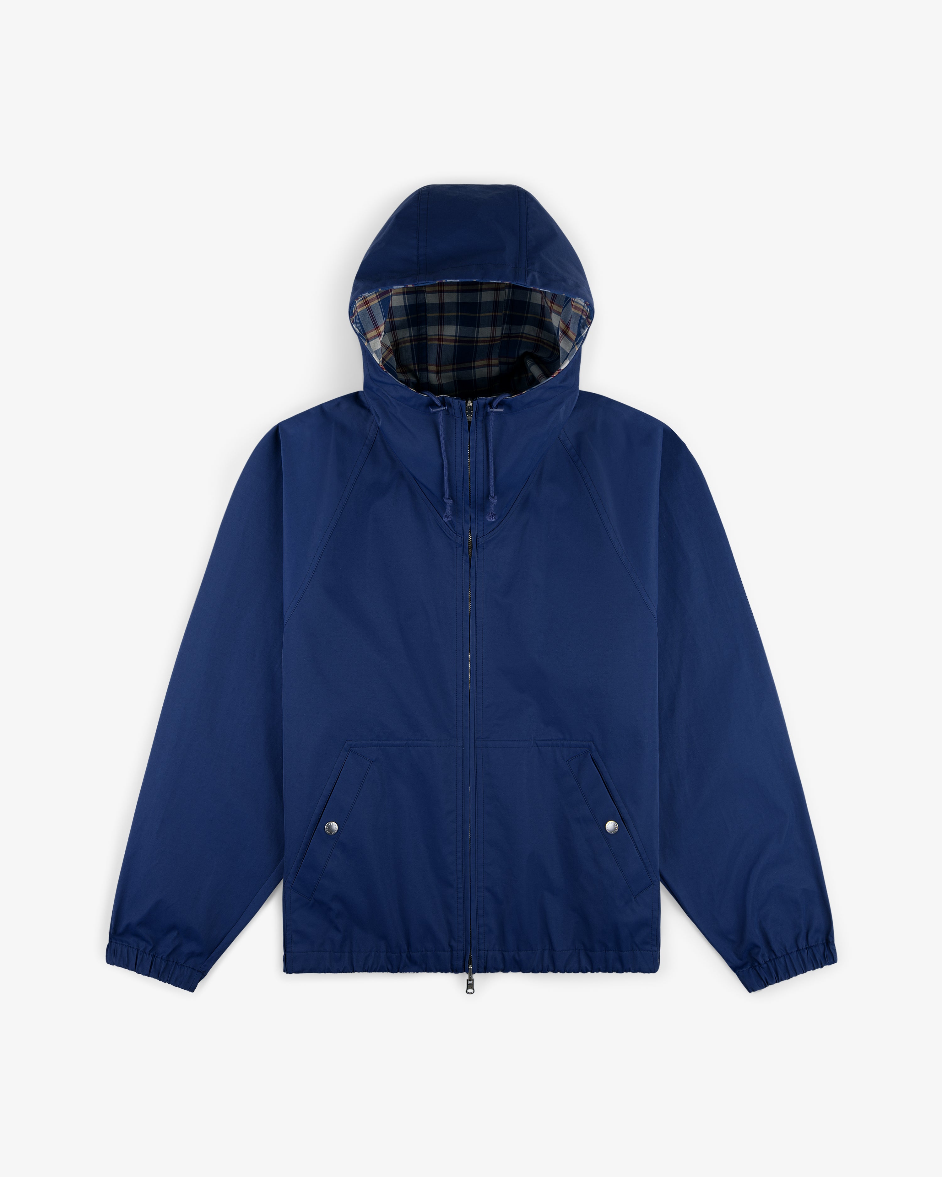 Reversible Madras Windbreaker with front zipper, elastic cuffs, and plaid lining on a white background.