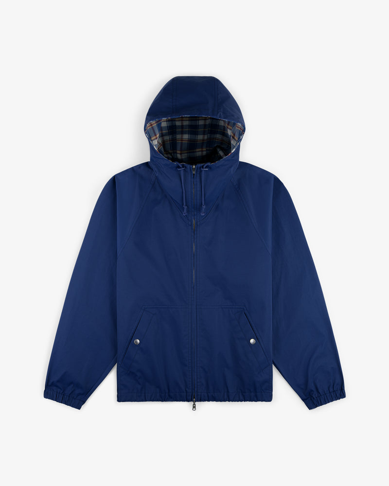 Reversible Madras Windbreaker with front zipper, elastic cuffs, and plaid lining on a white background.