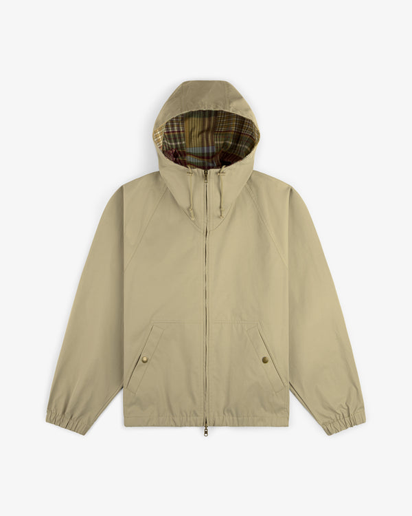 Reversible Madras Windbreaker in beige with front zipper, flap pockets, and plaid-lined hood on a white background.