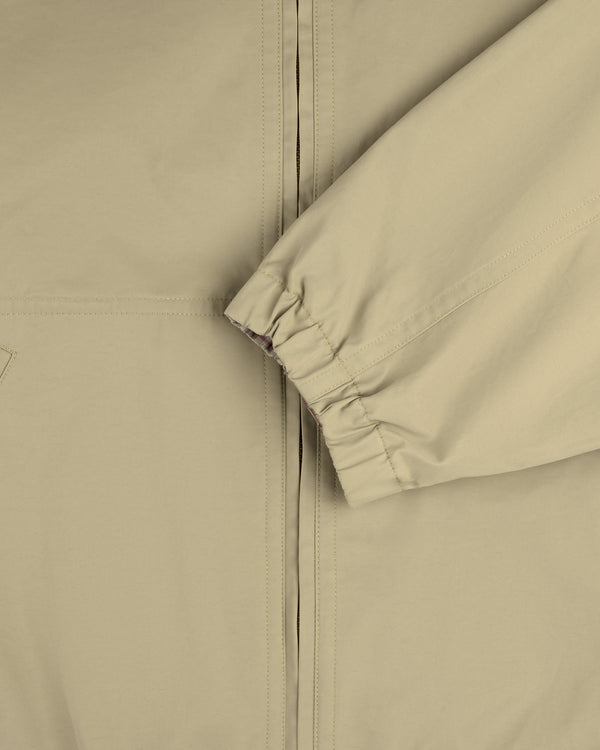 Close-up of Reversible Madras Windbreaker sleeve with elastic cuff and vertical front seam.