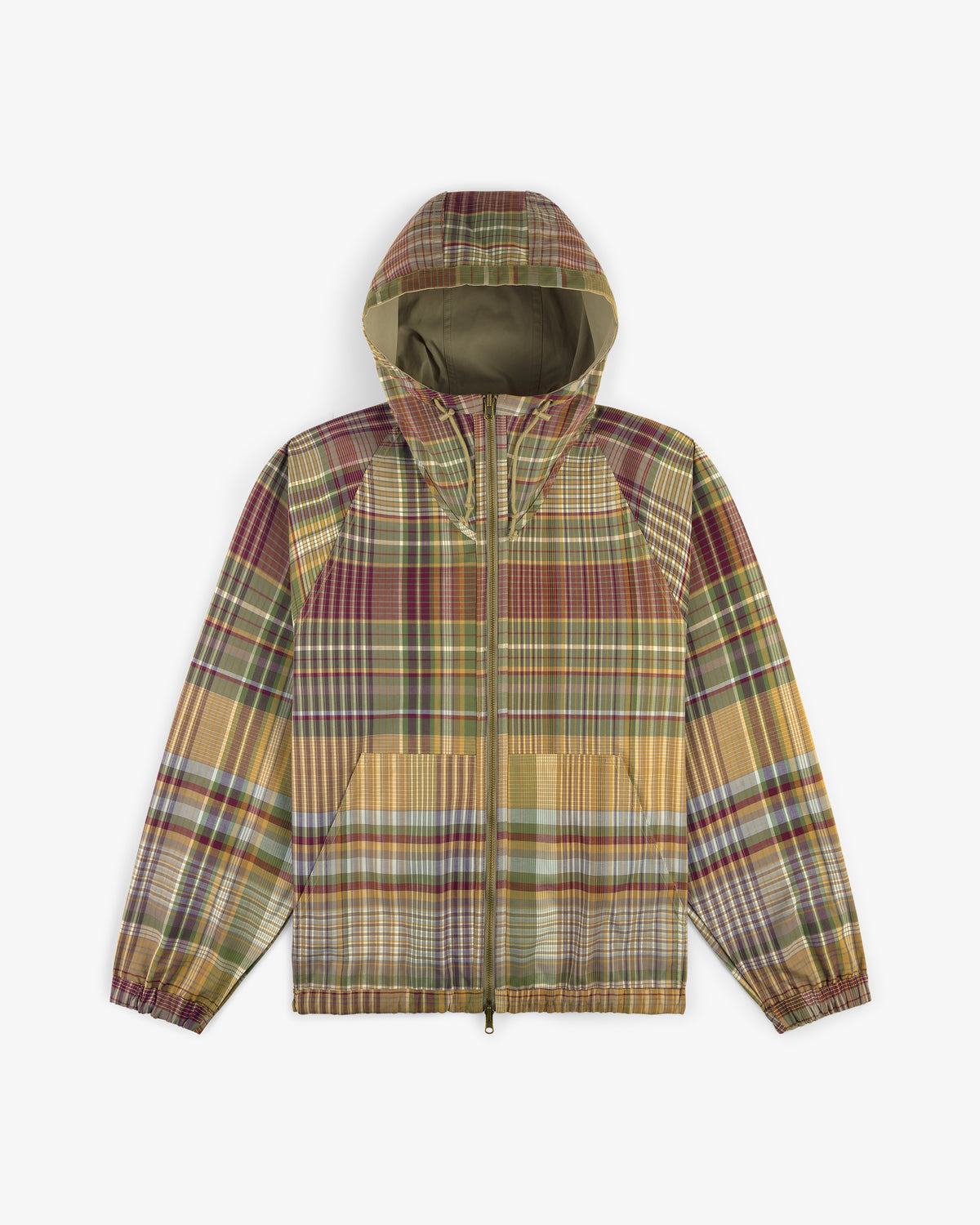 Reversible Madras Windbreaker in earth tones with zip front, two pockets, elastic cuffs, shown on white background.