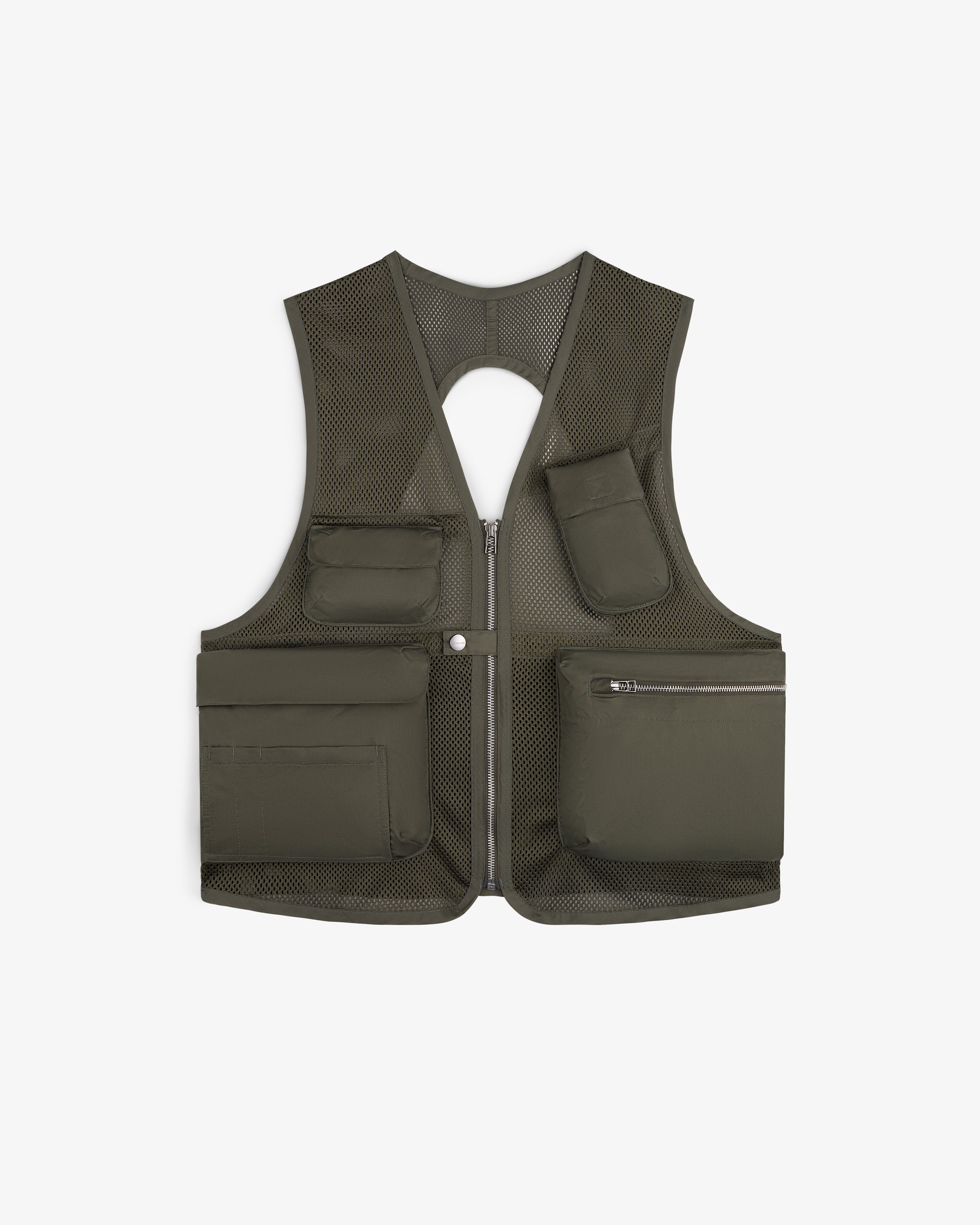 Nylon Utility Vest in olive green mesh with multiple front pockets and a front zipper, shown on a white background.