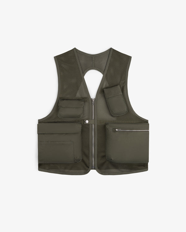 Nylon Utility Vest in olive green mesh with multiple front pockets and a front zipper, shown on a white background.