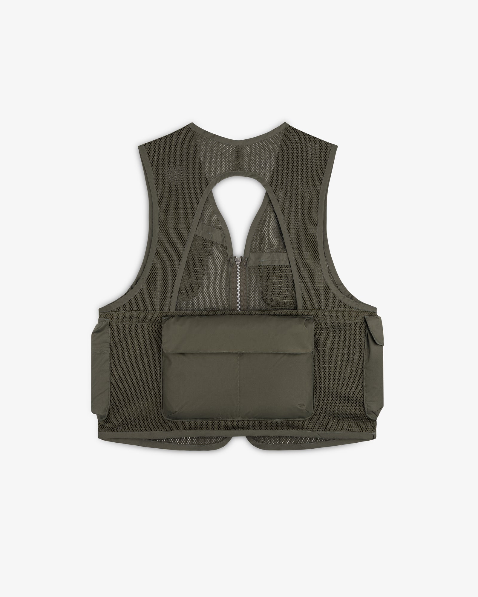 Nylon Utility Vest in olive green with mesh, large back pocket, side pockets, and zipper detail on white background.
