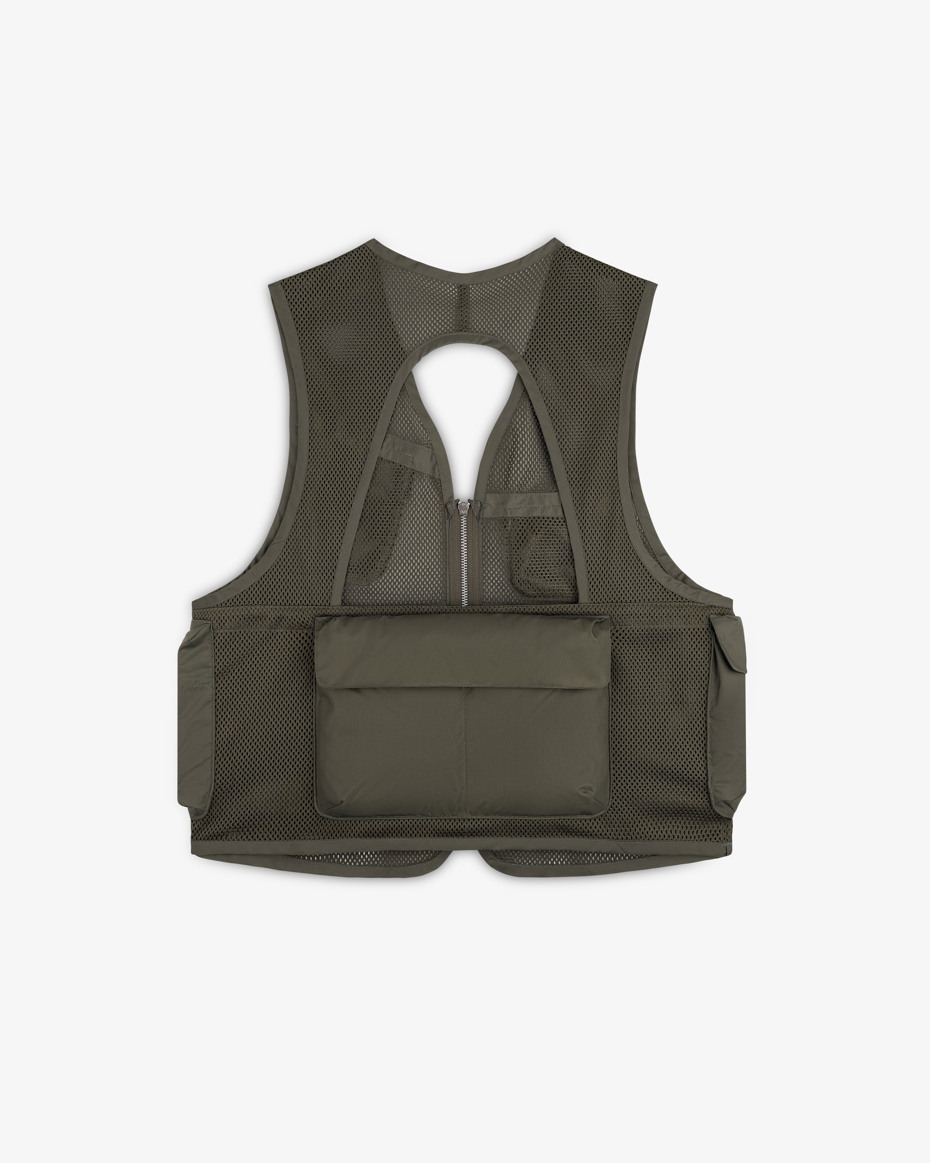 Nylon Utility Vest in olive green with mesh, large back pocket, side pockets, and zipper detail on white background.