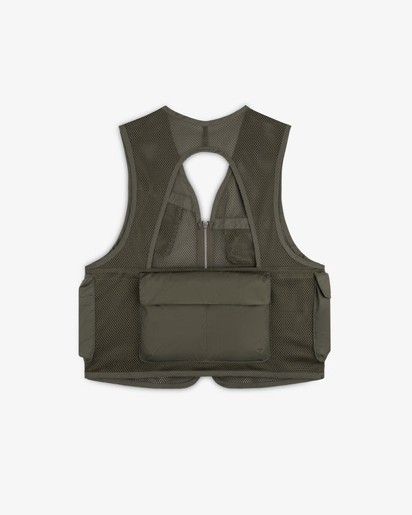 Nylon Utility Vest in olive green with mesh, large back pocket, side pockets, and zipper detail on white background.