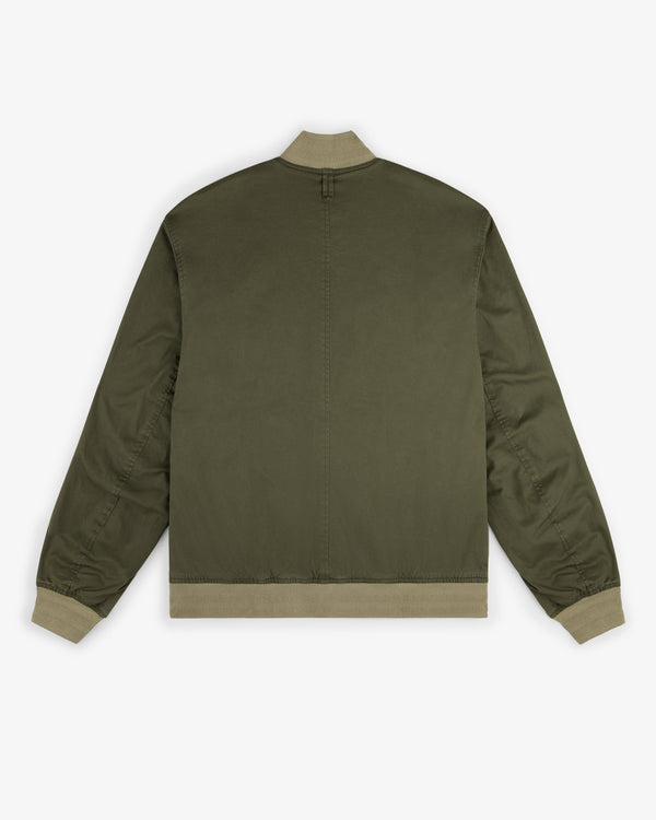 Safari Utility Bomber in olive green, shown from the back with beige ribbed cuffs, collar, and hem on white background.