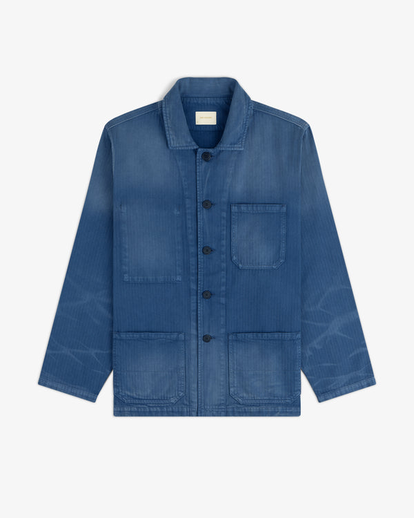 Sun Faded Chore Jacket in blue denim with three front pockets and button closure, shown on a white background.