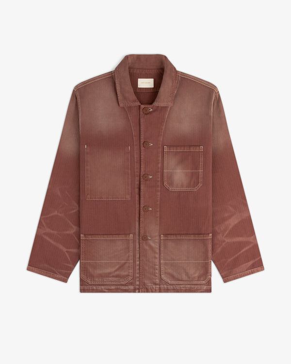 Sun Faded Chore Jacket in reddish-brown with three front pockets and visible seams, laid flat on a white background.