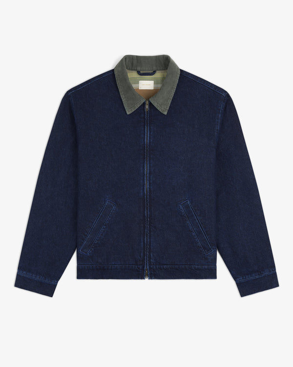 Denim Zip Jacket in dark blue with front zipper, angled pockets, and olive green collar on a white background.