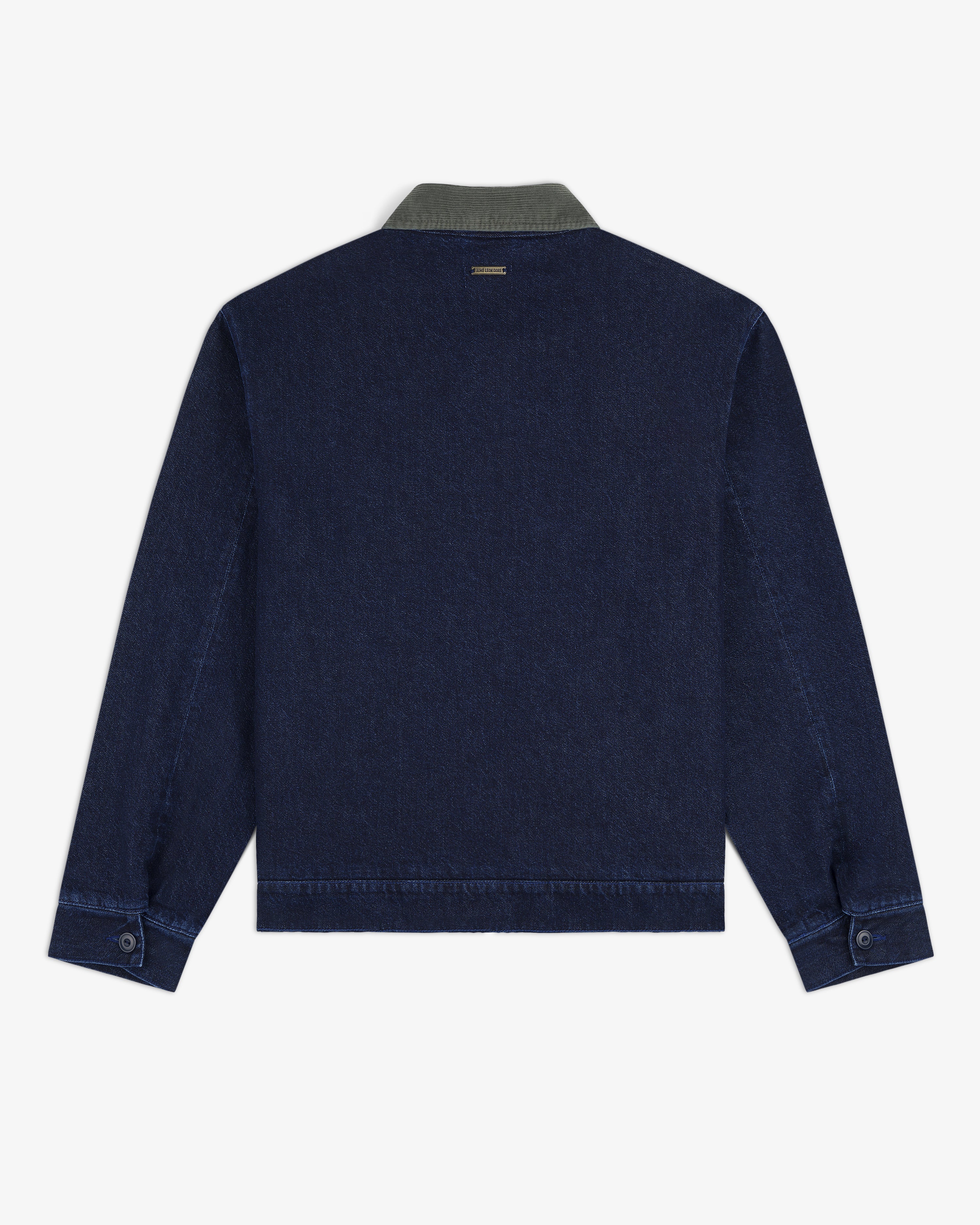 Back view of Denim Zip Jacket in dark blue with contrasting green collar and buttoned cuffs.