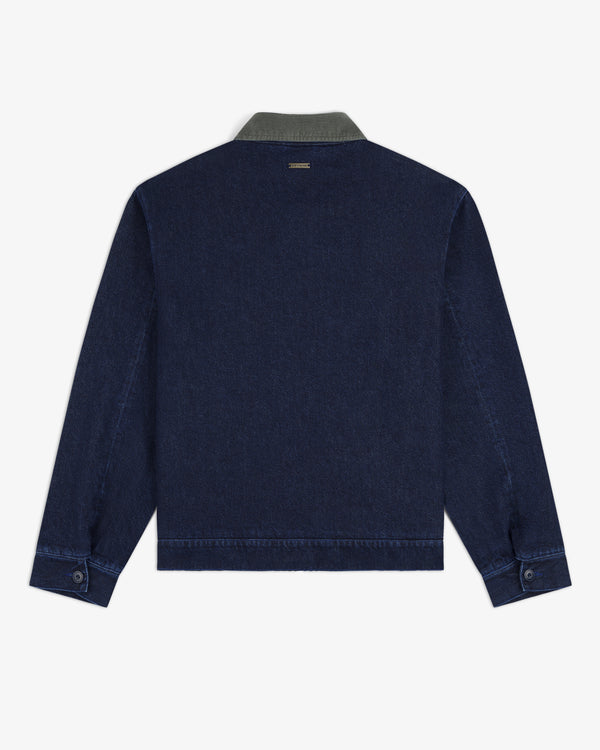 Back view of Denim Zip Jacket in dark blue with contrasting green collar and buttoned cuffs.