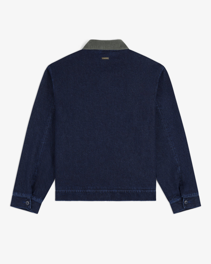 Back view of Denim Zip Jacket in dark blue with contrasting green collar and buttoned cuffs.
