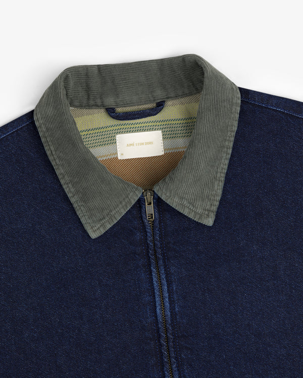 Denim Zip Jacket with green corduroy collar and visible front zipper, shown top front on a white background.