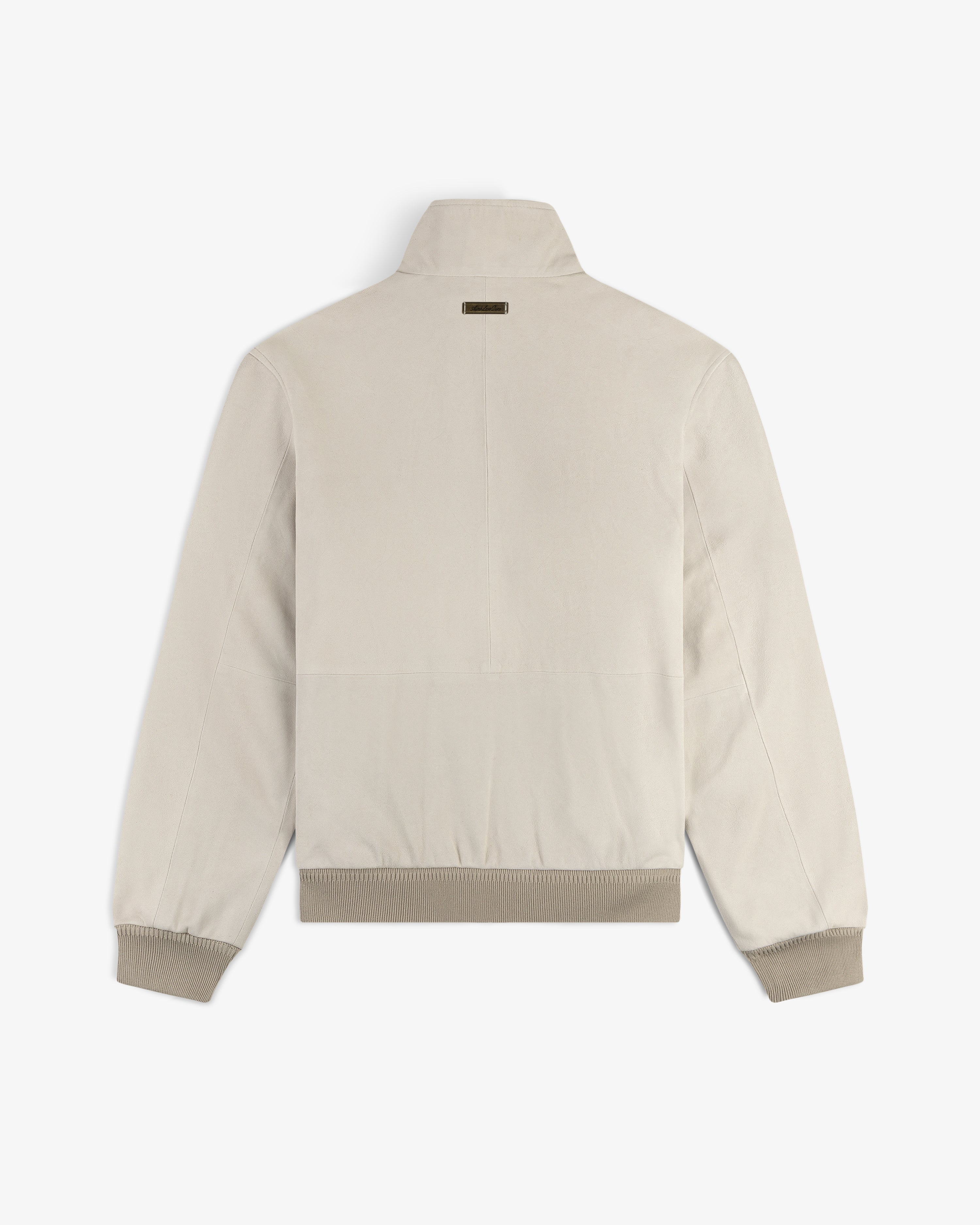 Suede Track Jacket shown from the back, featuring ribbed cuffs, waistband, and a small tag below the collar.