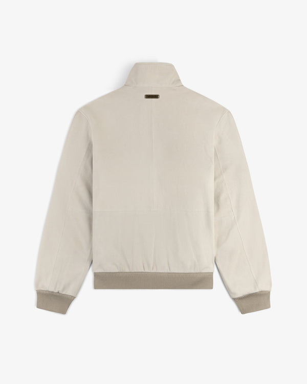 Suede Track Jacket shown from the back, featuring ribbed cuffs, waistband, and a small tag below the collar.