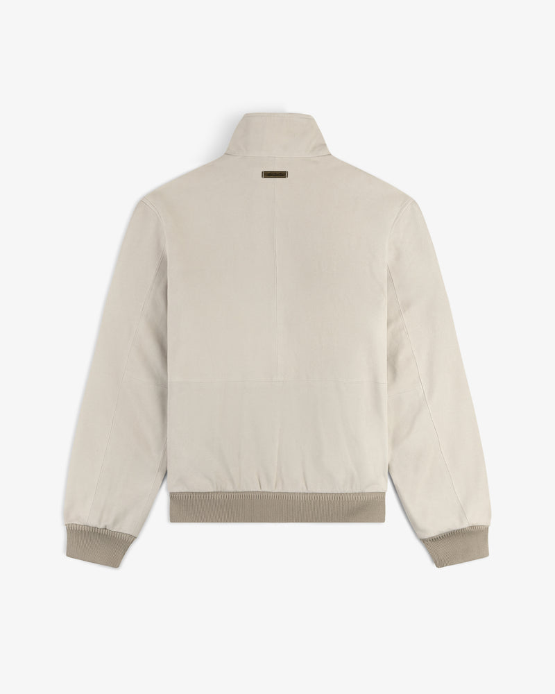 Suede Track Jacket shown from the back, featuring ribbed cuffs, waistband, and a small tag below the collar.