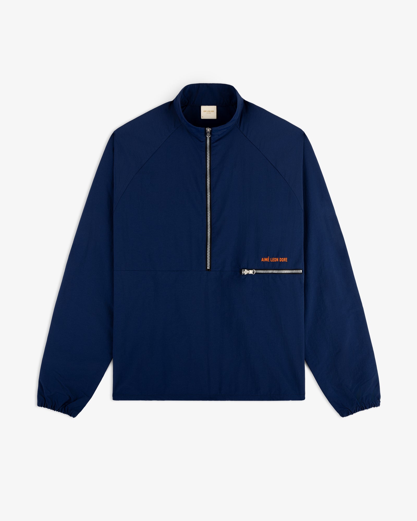 A navy Nylon Packable Windbreaker with a half-zip front, zip chest pocket, and small orange text.