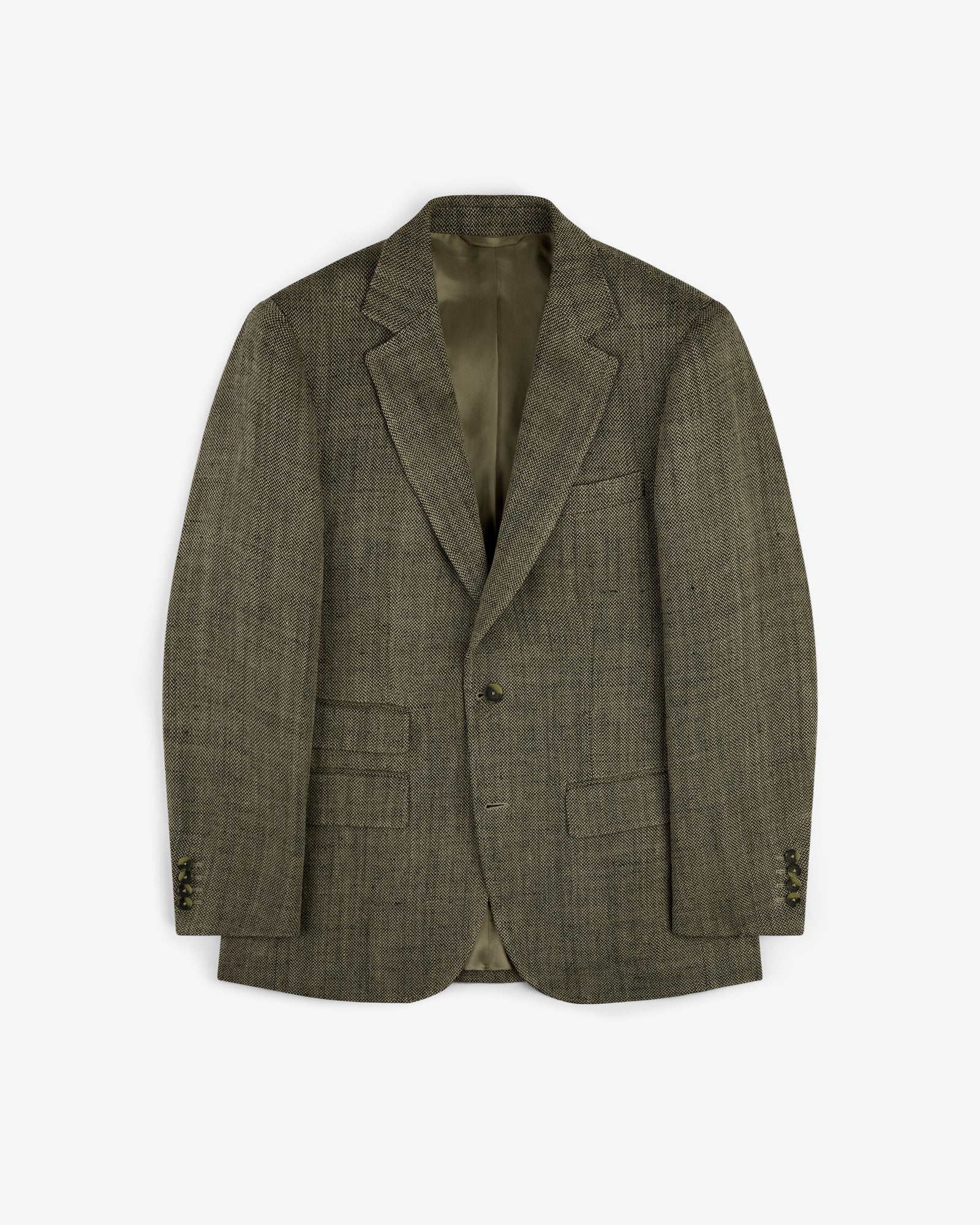 Single-Breasted Yarn Dyed Linen Suit Jacket in olive green with notch lapels and front pockets, on a white background.