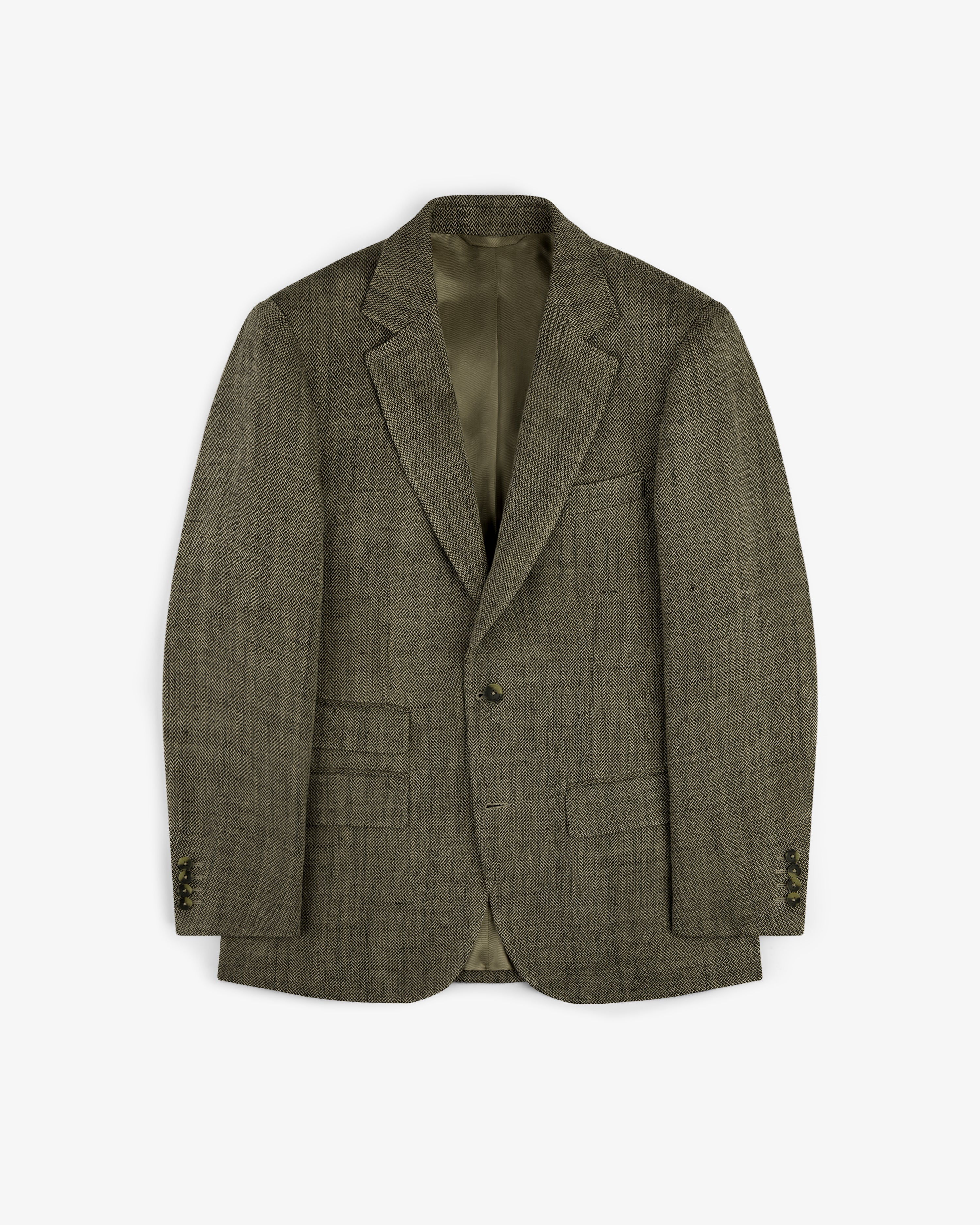 Single-Breasted Yarn Dyed Linen Suit Jacket in olive green with notch lapels and front pockets, on a white background.